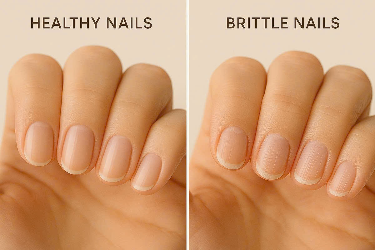 So sánh trực quan: Healthy Nails (trái) vs Brittle/Thin Nails (phải)